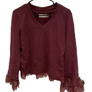 Painter burgundy cotton v neck pullover lace accents small